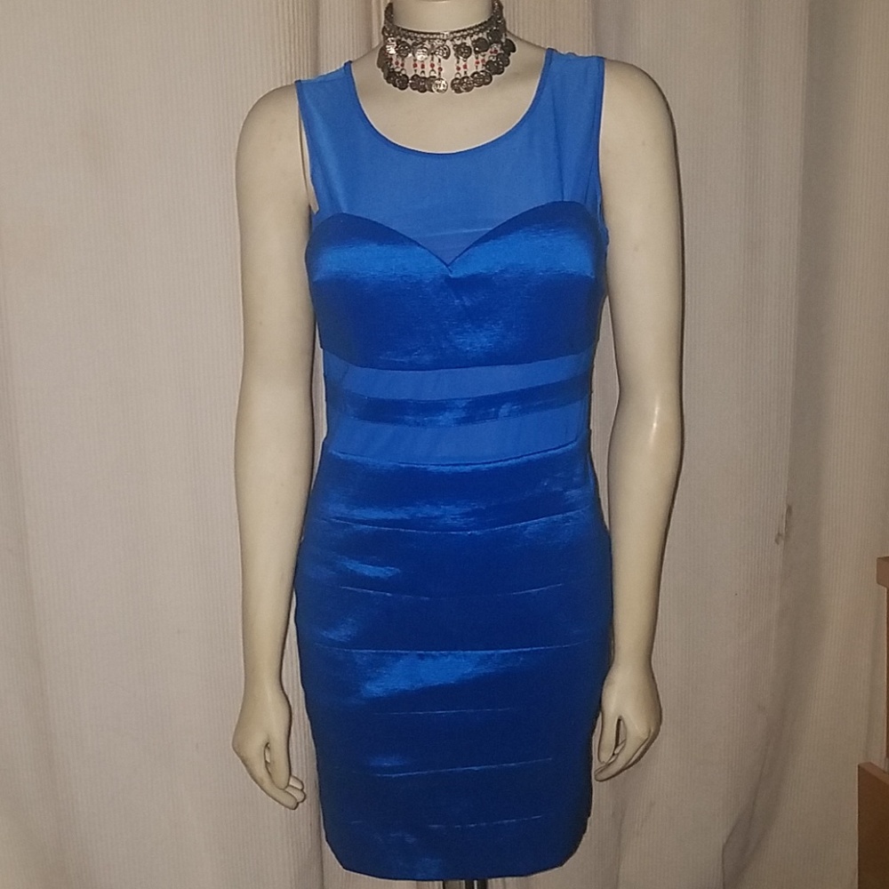 Beautiful blue satin evening cocktail dress